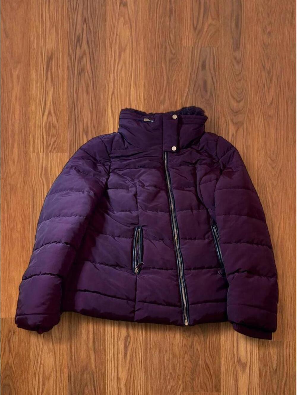 New York & Company Womens L Purple Puffer Jacket Faux Fur Trimmed Hood Winter